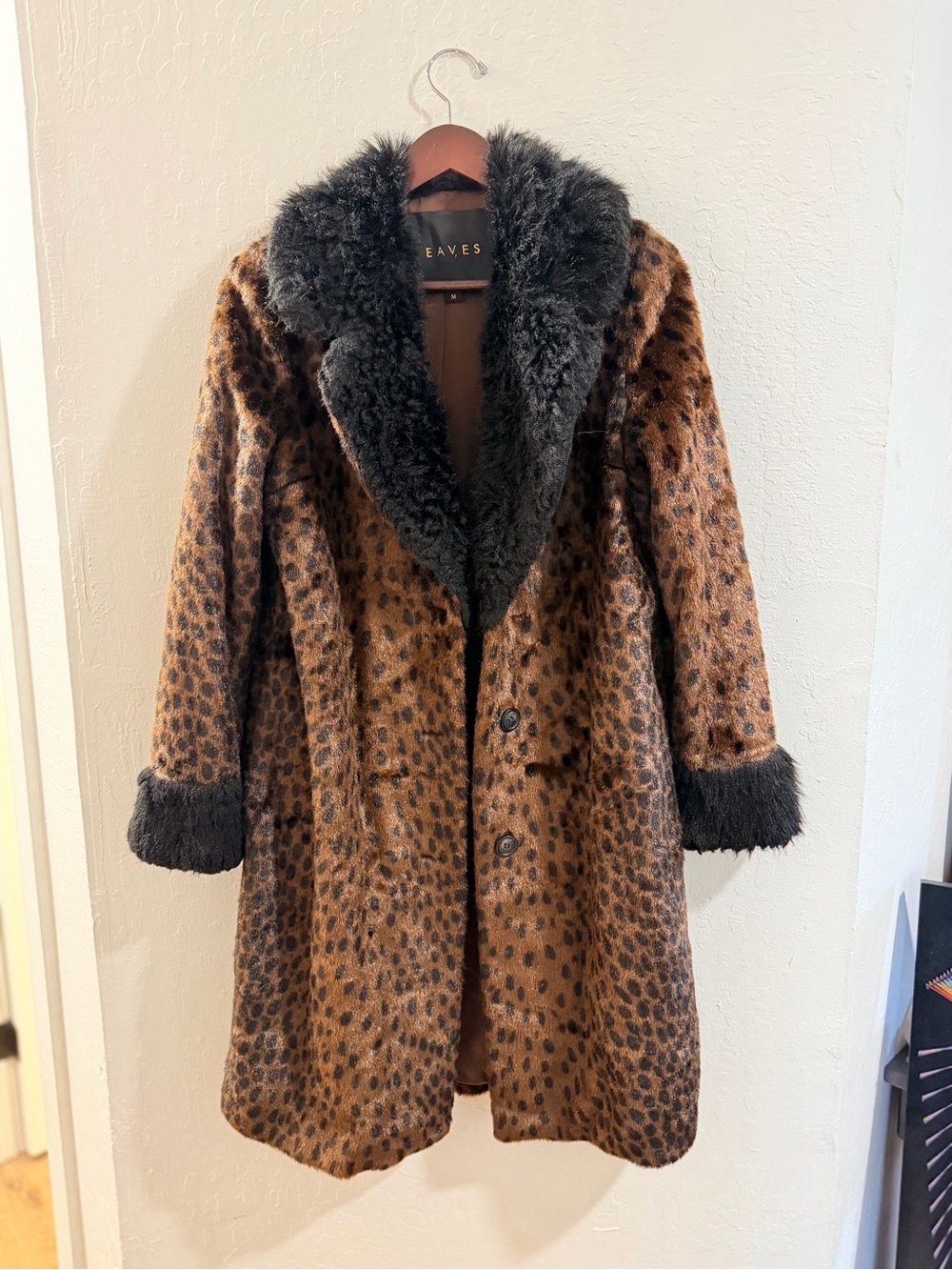 EAVES Brown Leopard Teddy Coat with Black Shearling Collar